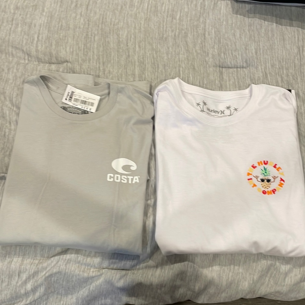 Men’s short sleeve, Costa T-shirt, and long sleeve, Hurley T-shirt.